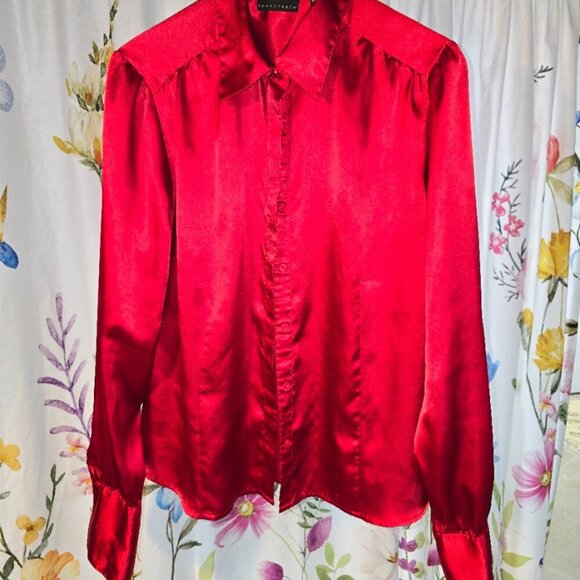 Apostrophe Tops - APOSTROPHE Red Satin Women's Blouse Size - XL Valentine's Day Top